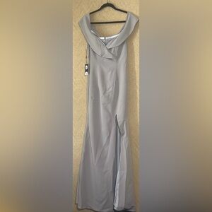 Bridess Gray Off the Shoulder Gown with  Side Slit.  Size 12.  New with tag.